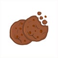 Two dark chocolate chip cookies icon of chocolate cake on white background.